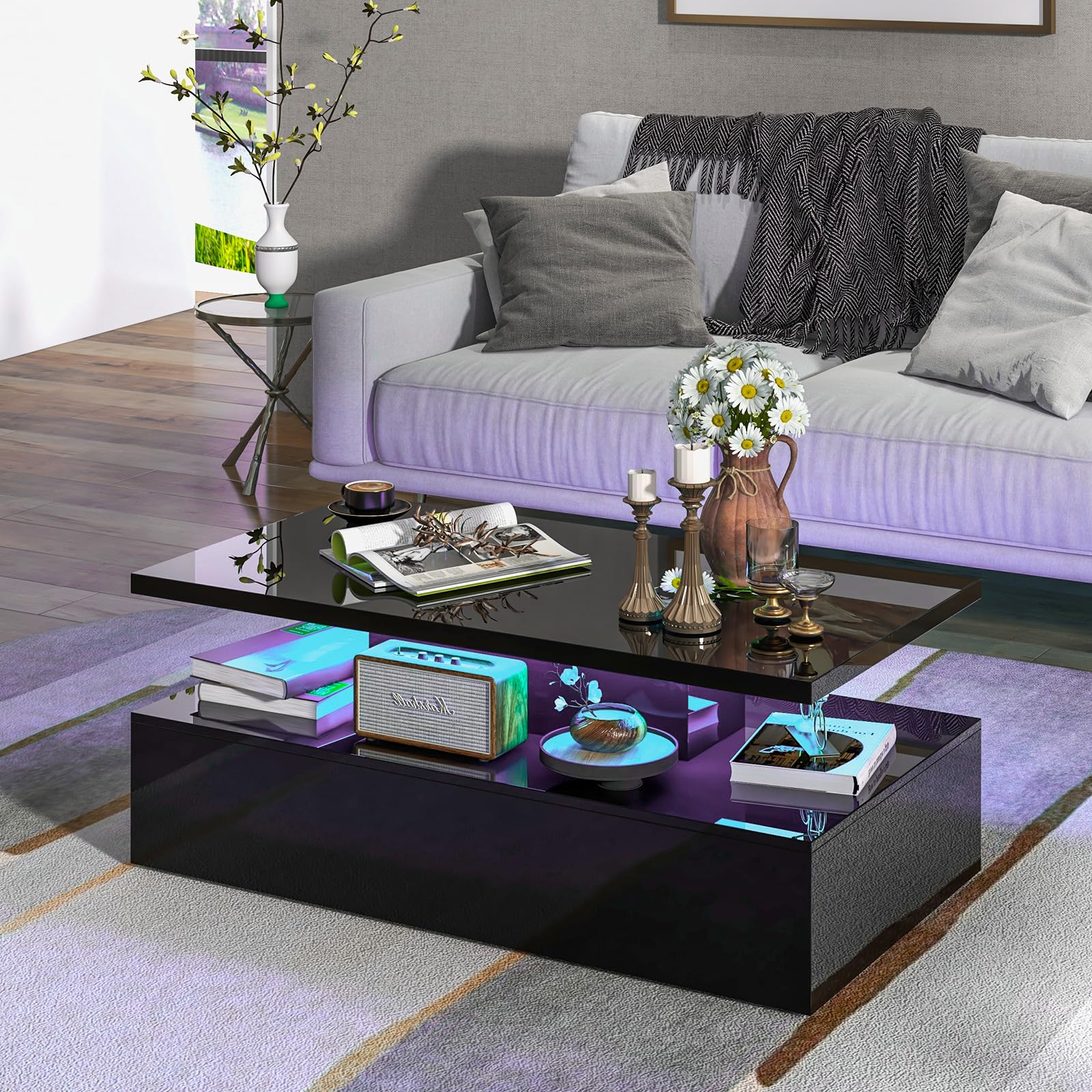 LED Coffee Table, Black - Tangkula
